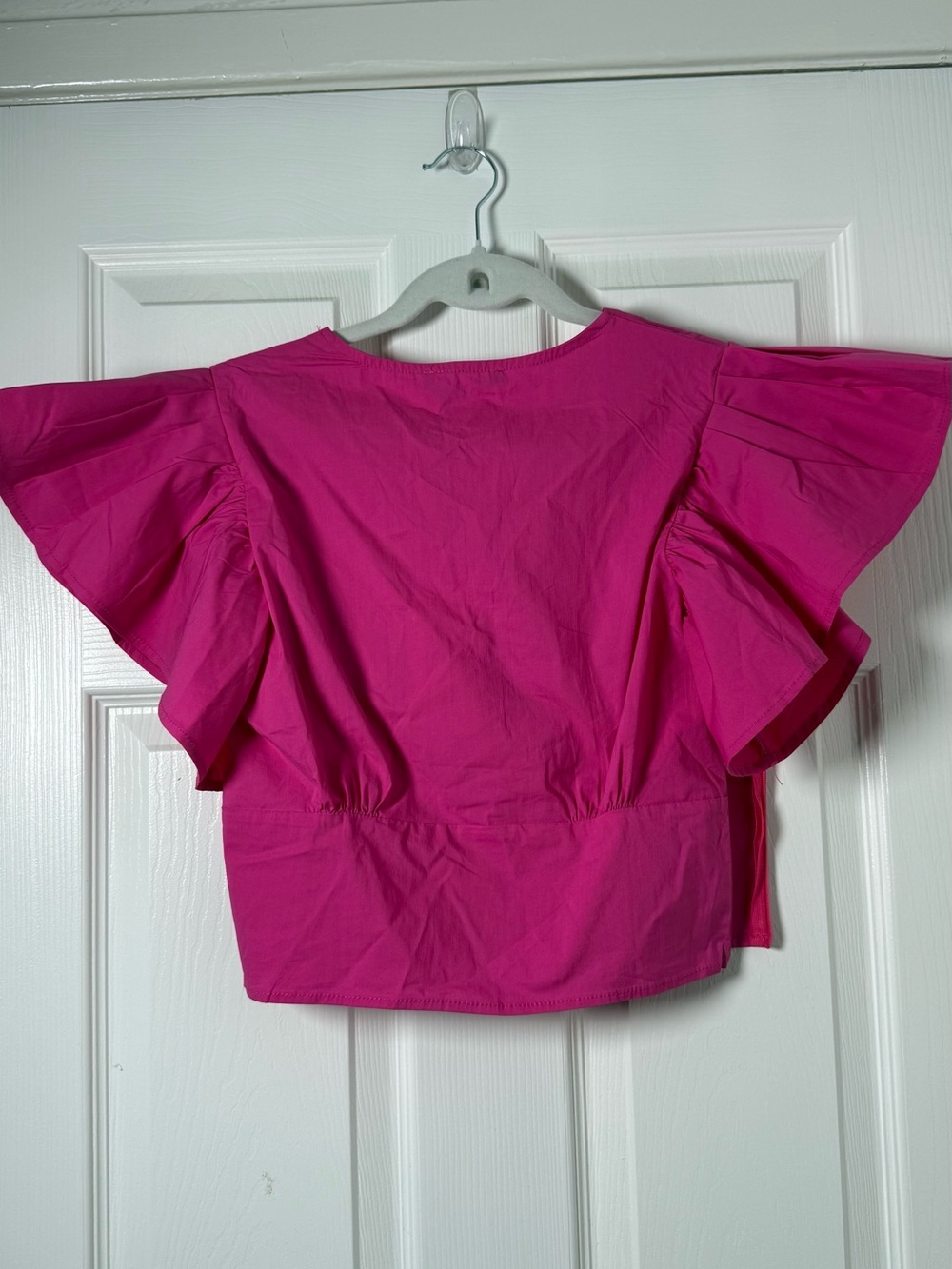 Fuchsia V-Neck Ruffle Sleeve Crop Top - Picture 5 of 5
